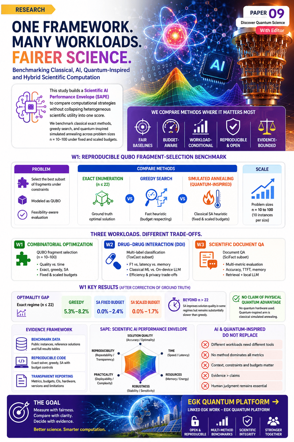 Infographic summarising the manuscript: A Workload-Conditional Framework for Benchmarking Classical, AI, Quantum-Inspired and Hybrid Scientific Computation